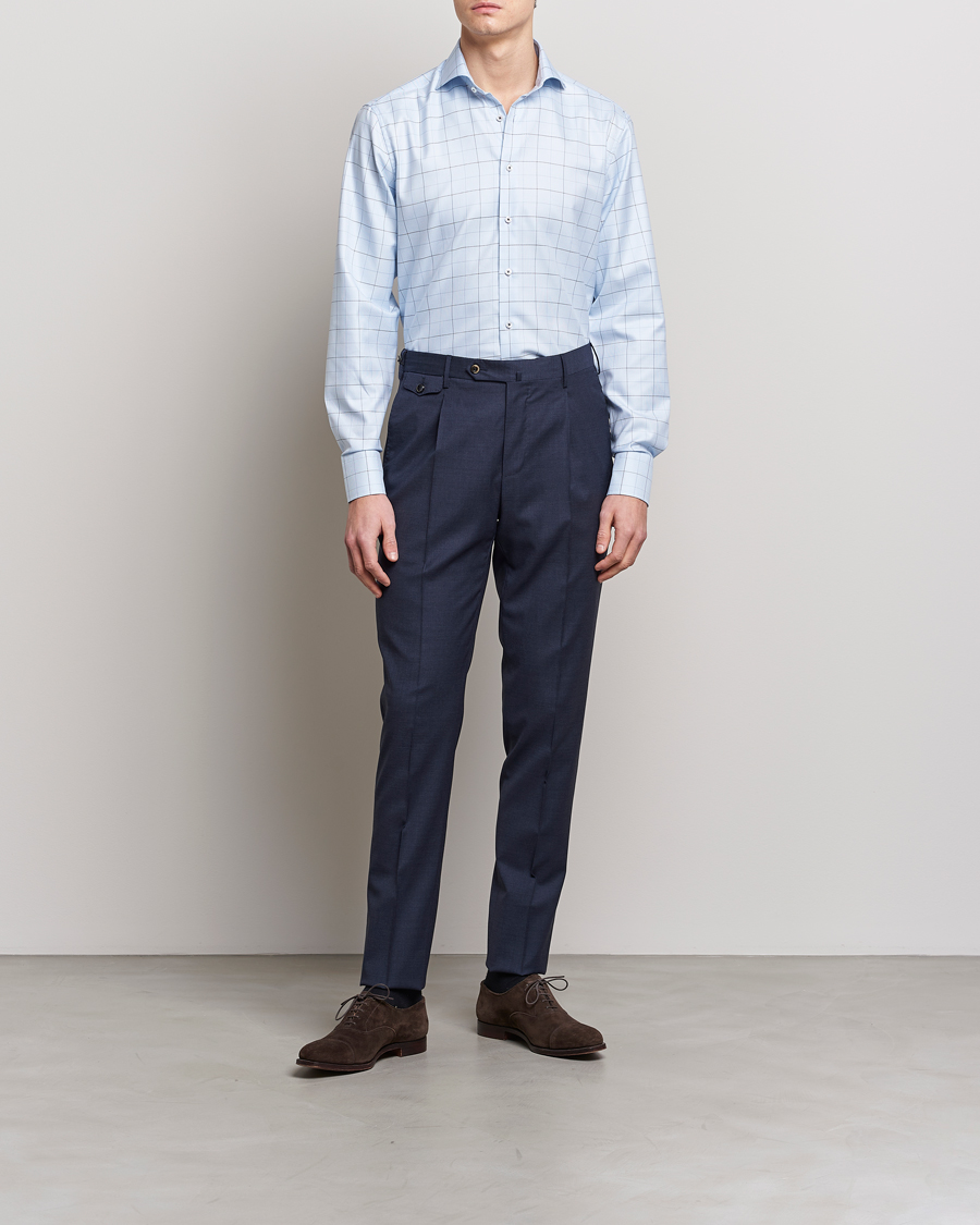 Uomini | Business & Beyond | Stenströms | Fitted Body Cut Away Windowpane Shirt Blue