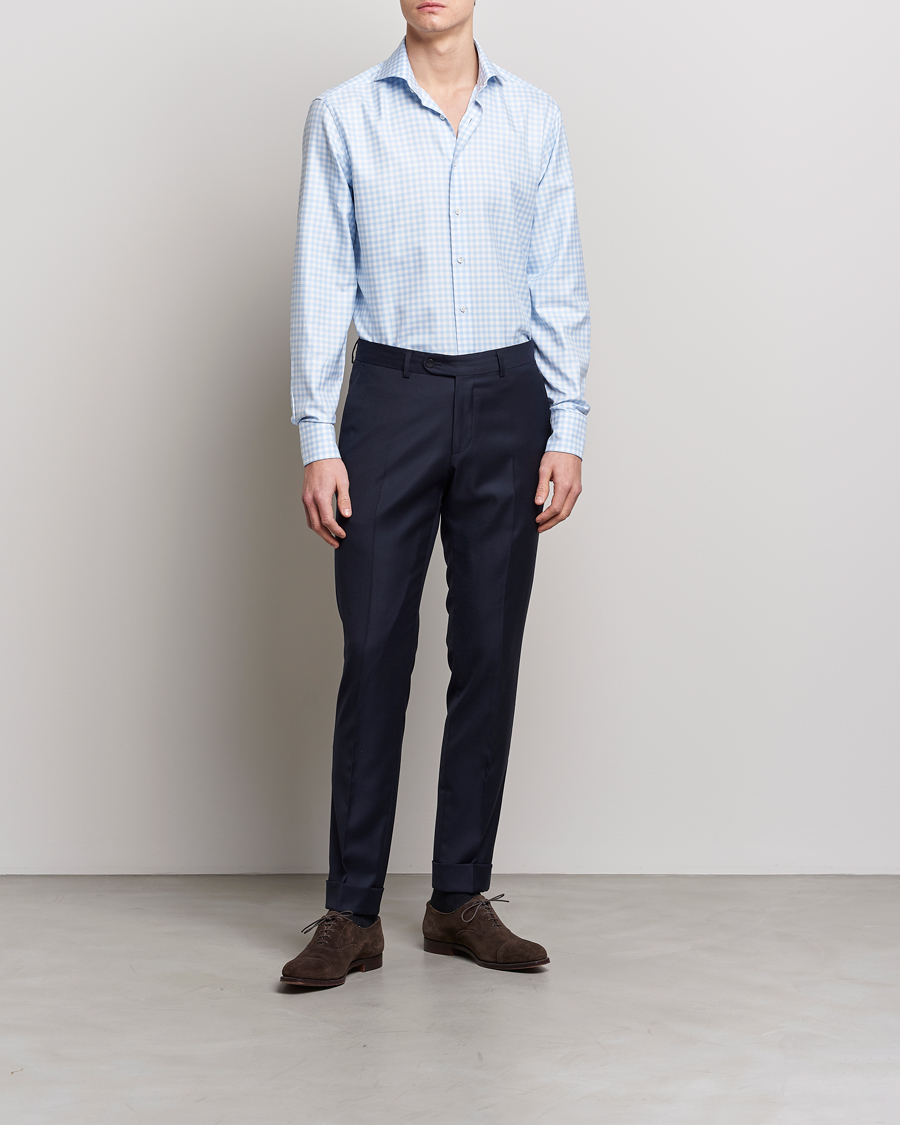 Uomini | Business & Beyond | Stenströms | Fitted Body Checked Cut Away Shirt Light Blue