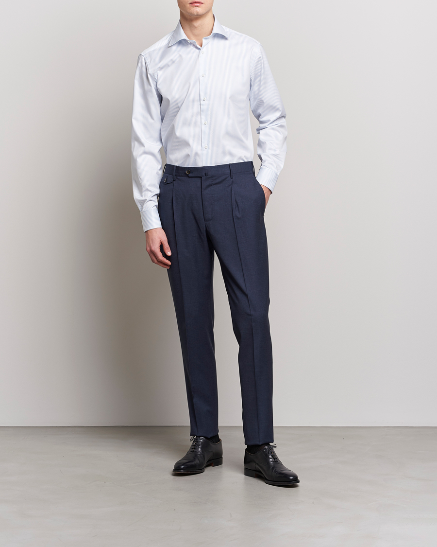 Uomini | Abbigliamento | Stenströms | Fitted Body Cotton Double Cuff Shirt White/Blue