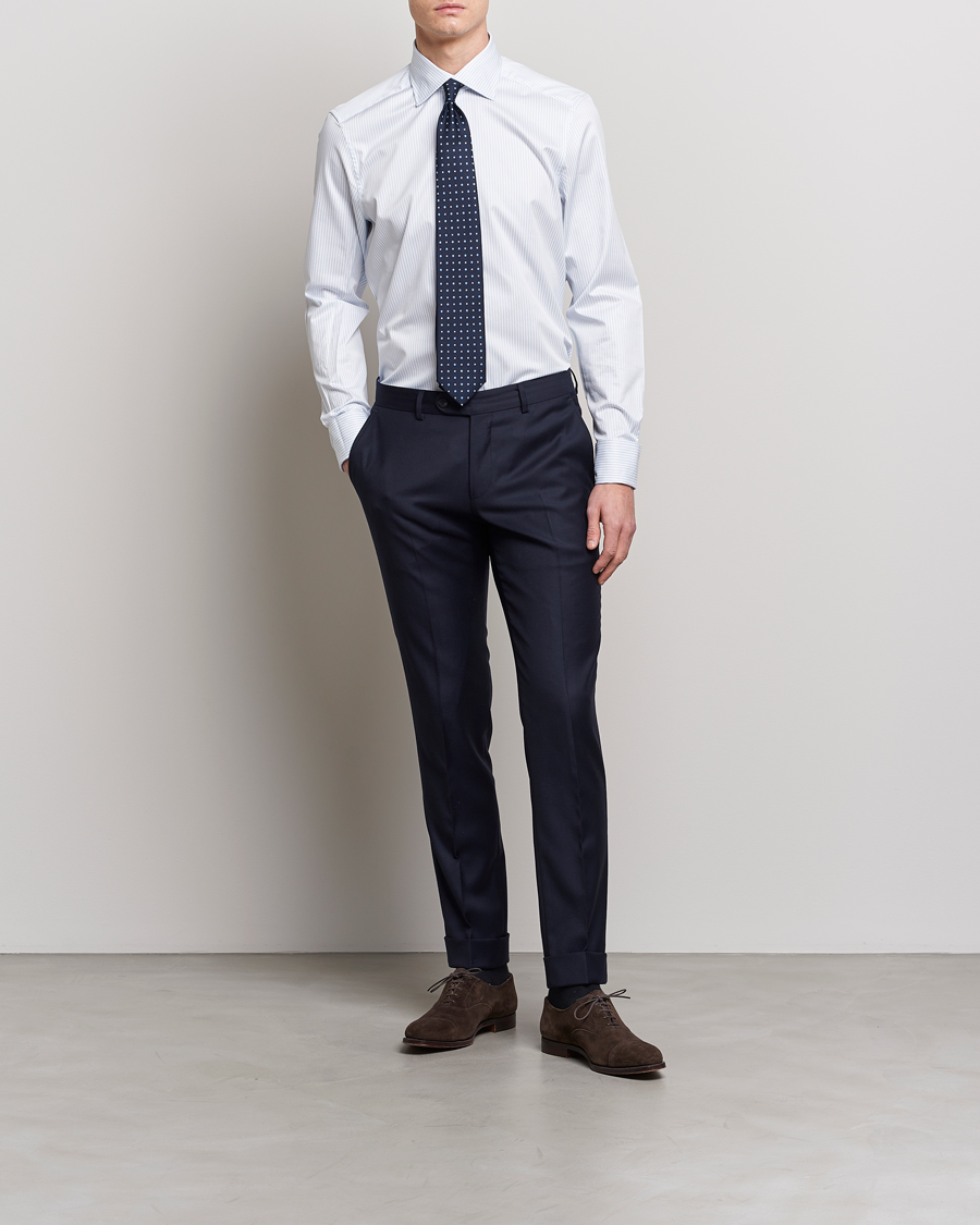 Uomini |  | Stenströms | Slimline Cotton Double Cuff Shirt White/Blue