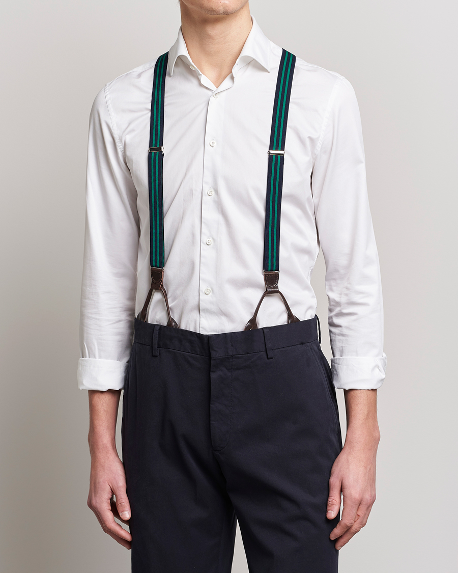 Uomini | Best of British | Albert Thurston | Elastic Narrow Stripe Braces 25mm Navy/Green