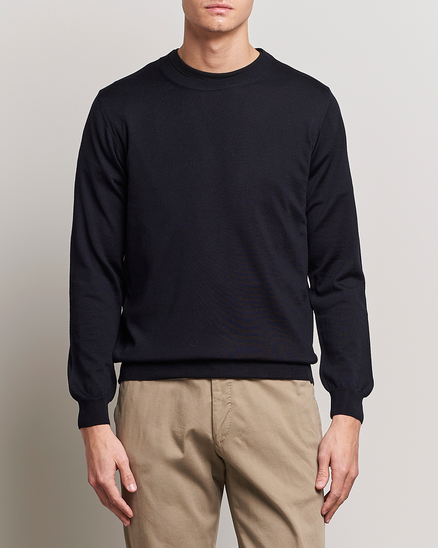 Uomini | Maglie a girocollo | Oscar Jacobson | Custer Merino Wool Roundneck Navy