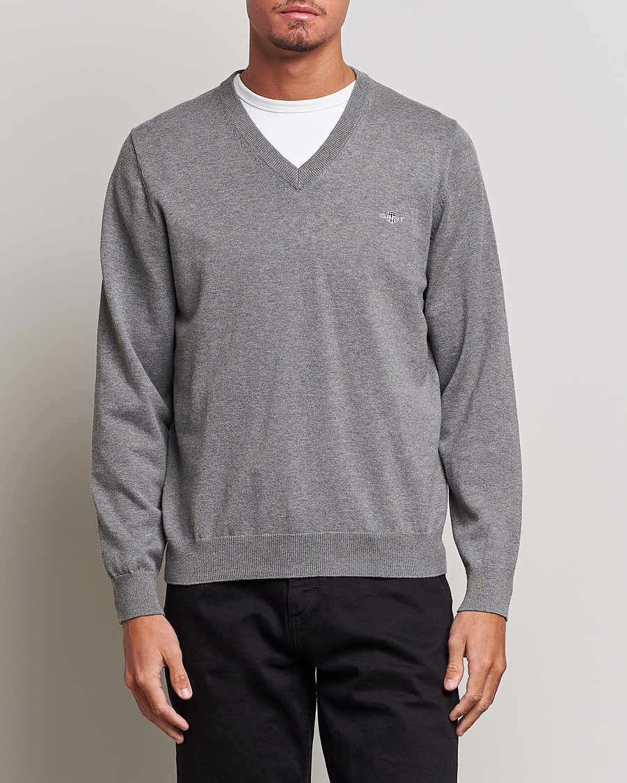 Uomini | Maglieria | GANT | Classic Cotton V-Neck Dark Grey Melange