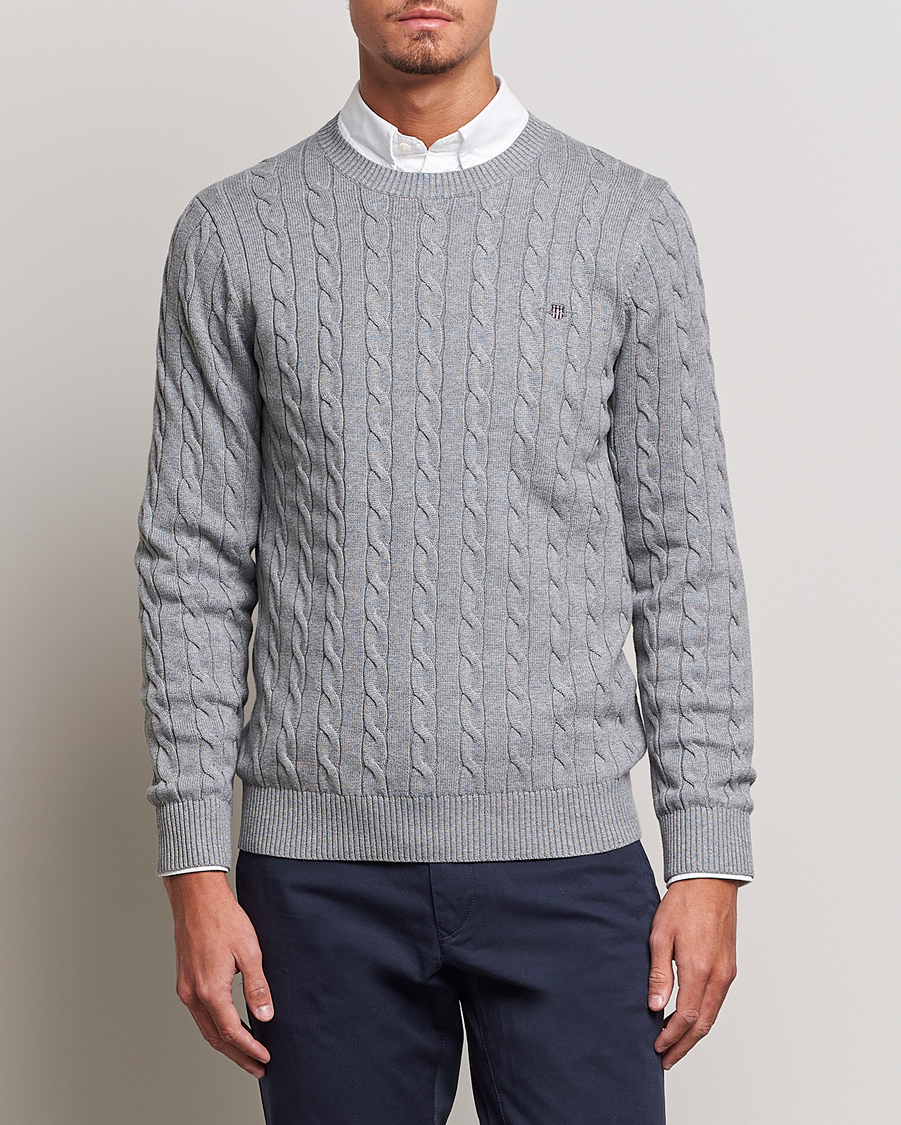 Uomini | Maglieria | GANT | Cotton Cable Crew Neck Pullover Grey Melange