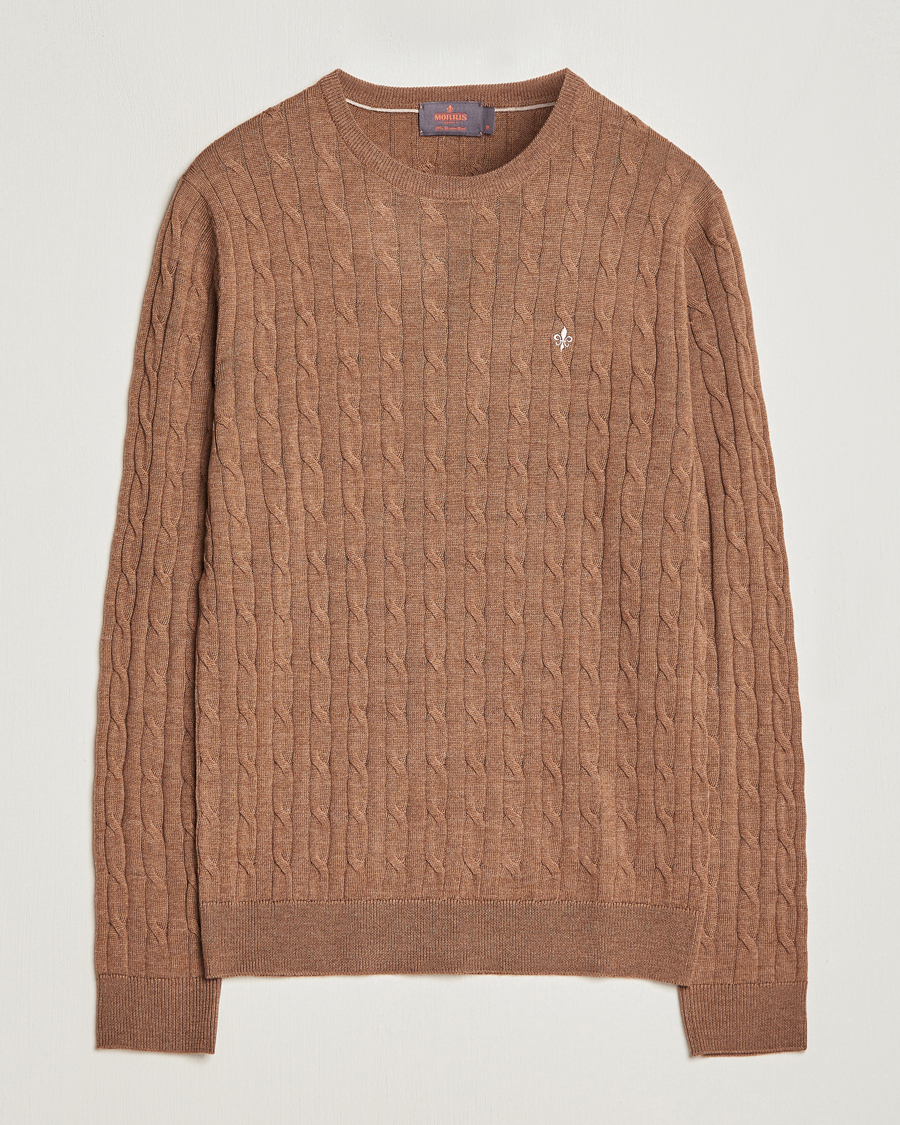 Uomini | Maglieria | Morris | Merino Cable Crew Neck Camel