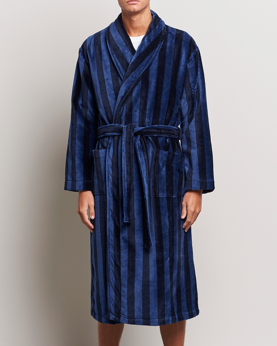 Uomini | Abbigliamento loungewear | Derek Rose | Cotton Velour Striped Gown Navy/Blue