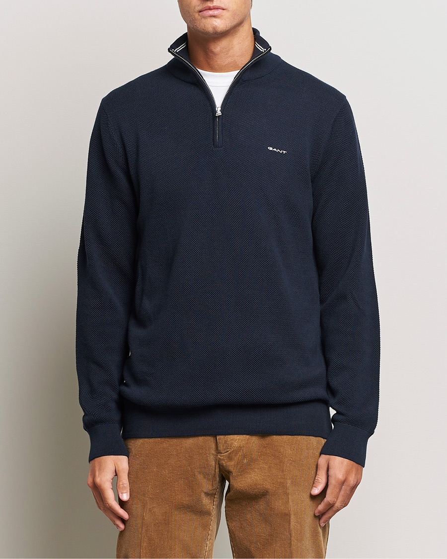 Uomini | Maglieria | GANT | Cotton Pique Half-Zip Sweater Evening Blue