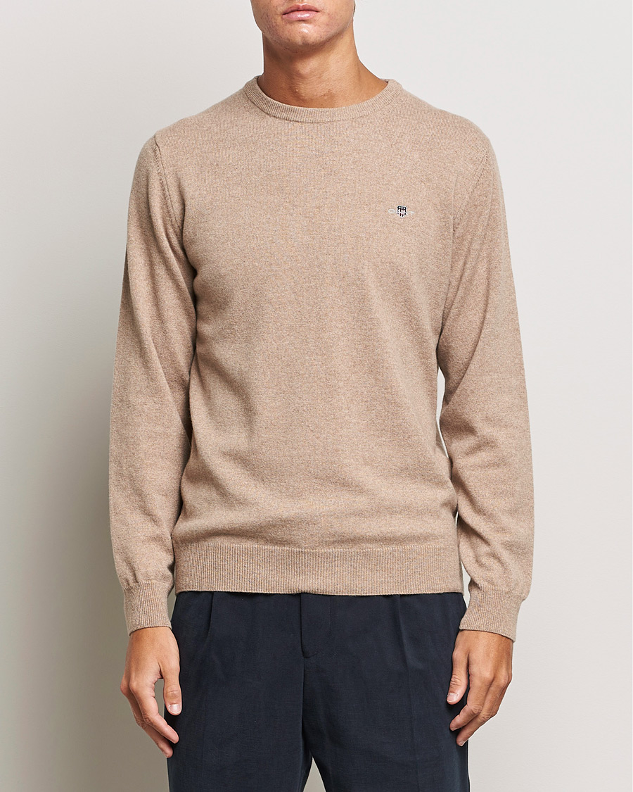 Uomini | Maglieria | GANT | Lambswool Crew Neck Pullover Dark Sand