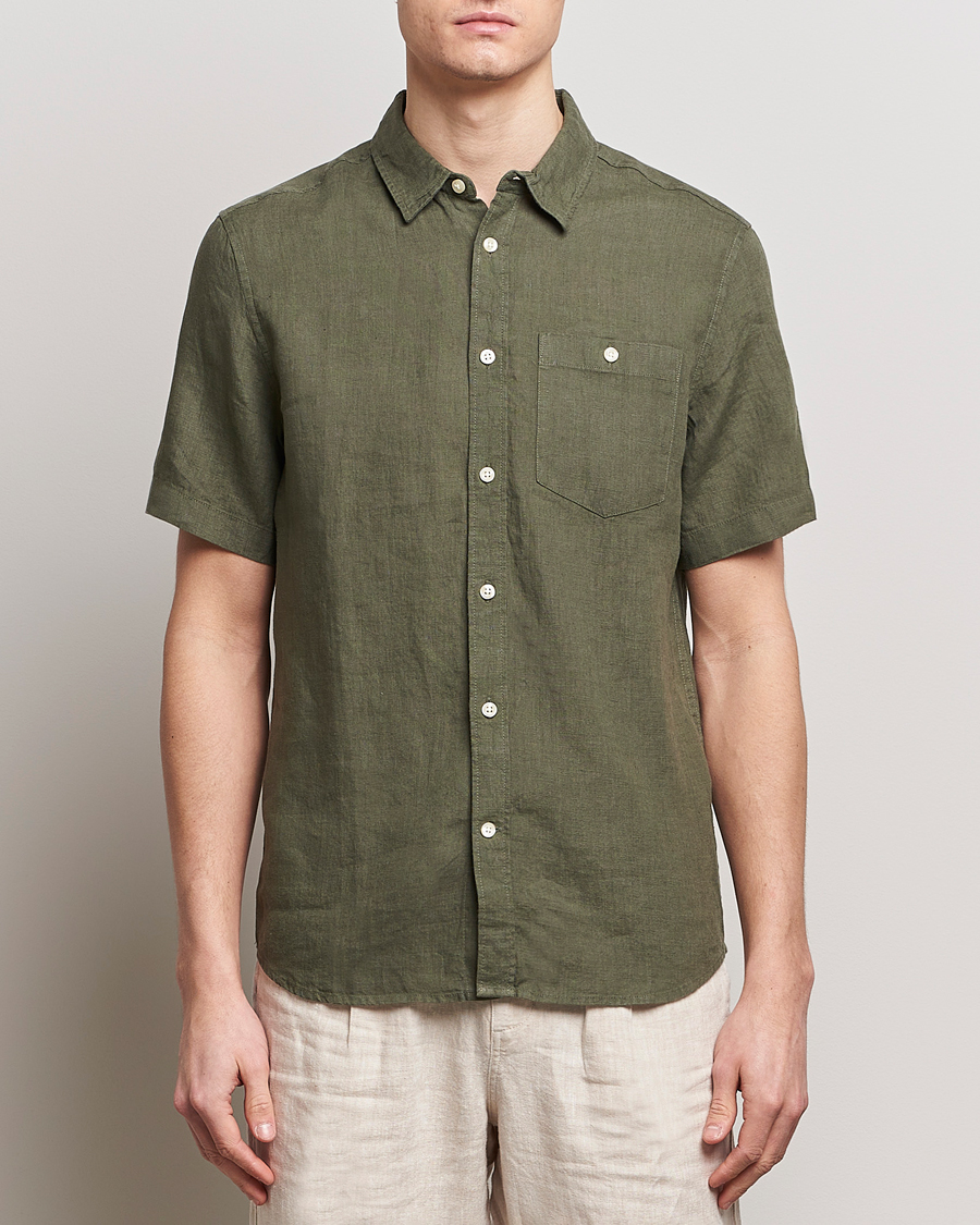 Uomini | KnowledgeCotton Apparel | KnowledgeCotton Apparel | Regular Short Sleeve Linen Shirt Burned Olive