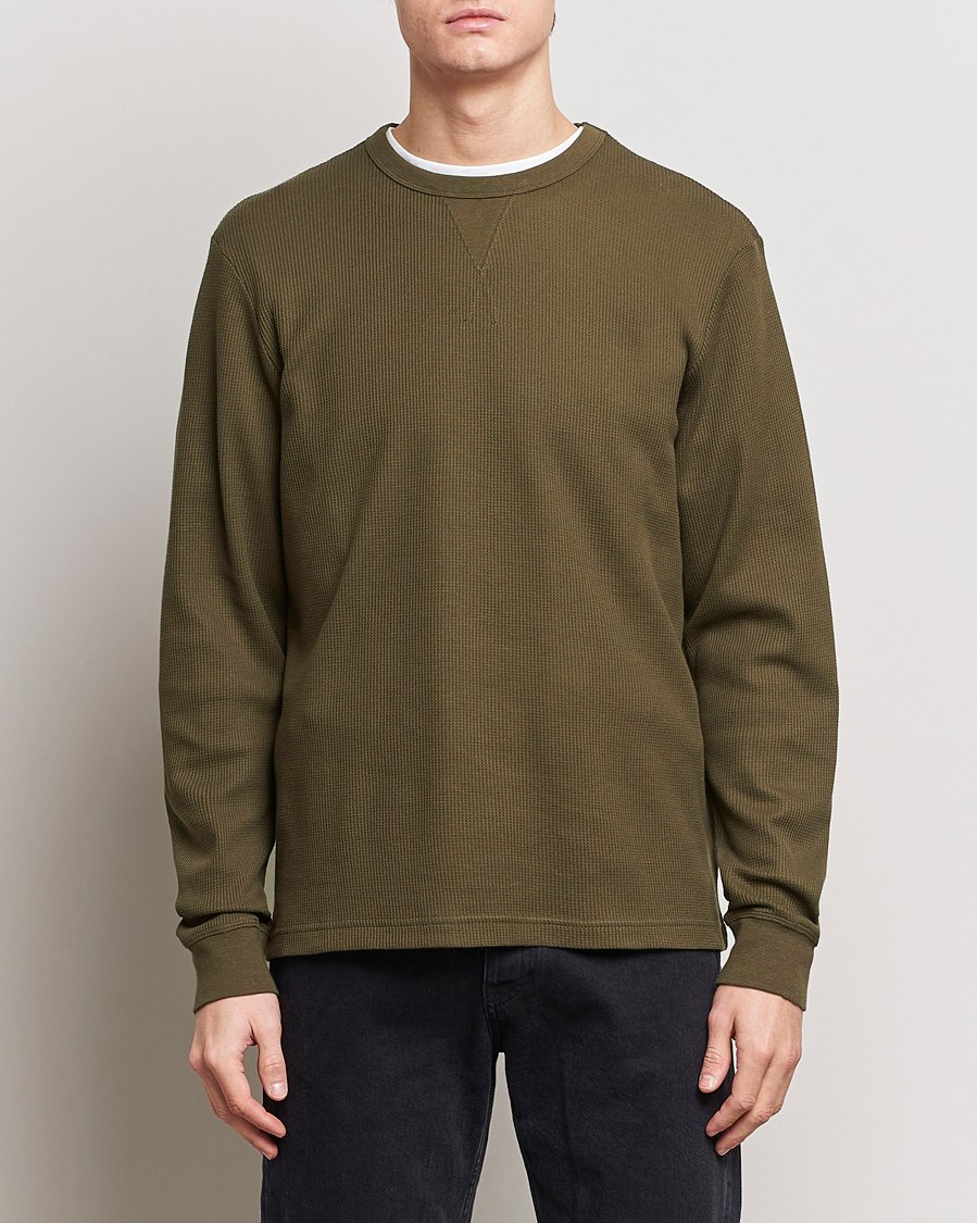 Uomini | Camicie a maniche lunghe | Sunspel | Long Sleeve Waffle T-Shirt Dark Olive