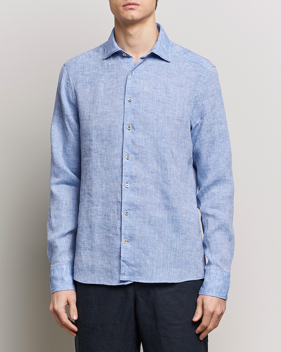 Uomini | Casual | Stenströms | Slimline Cut Away Linen Shirt Blue