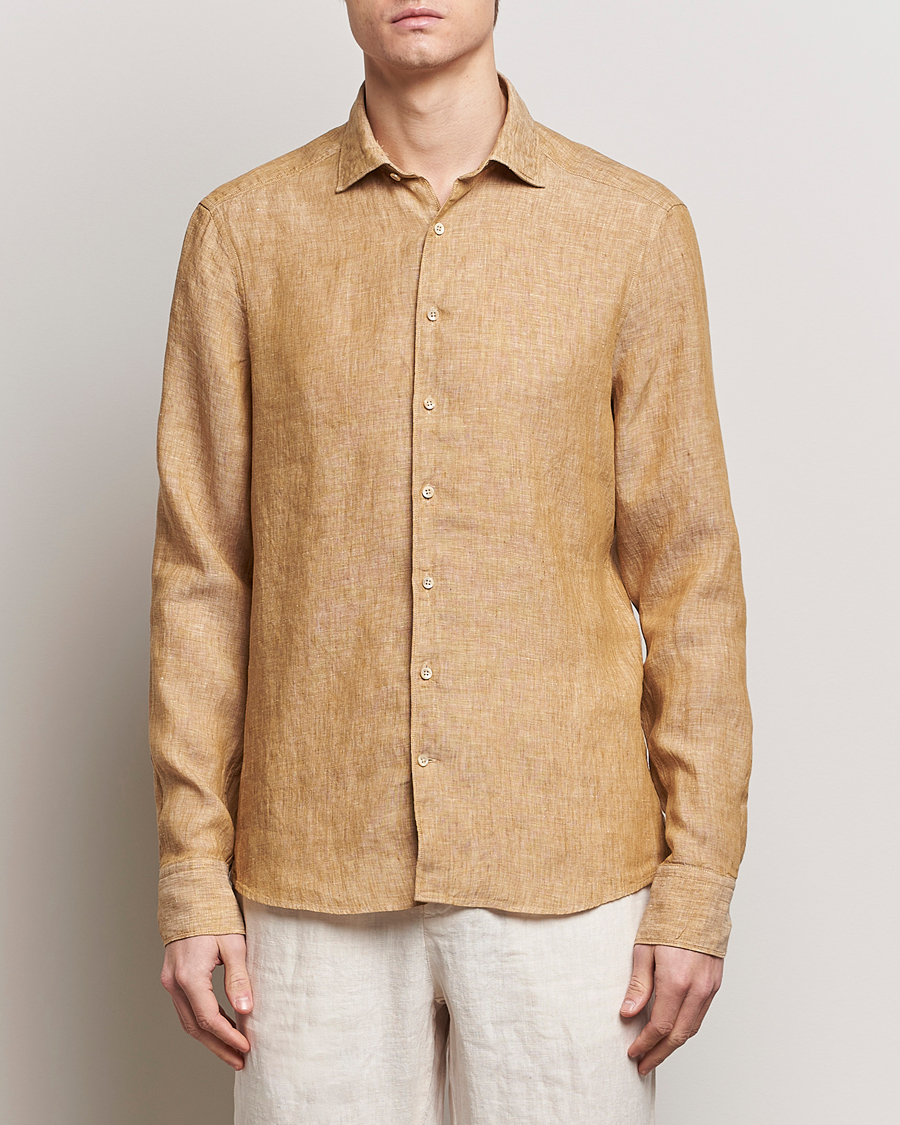 Uomini | Camicie di lino | Stenströms | Slimline Cut Away Linen Shirt Brown