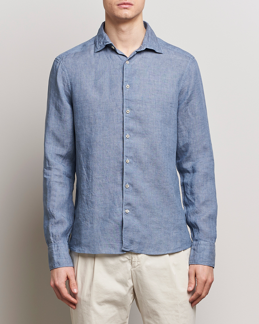 Uomini |  | Stenströms | Slimline Cut Away Linen Shirt Steel Blue