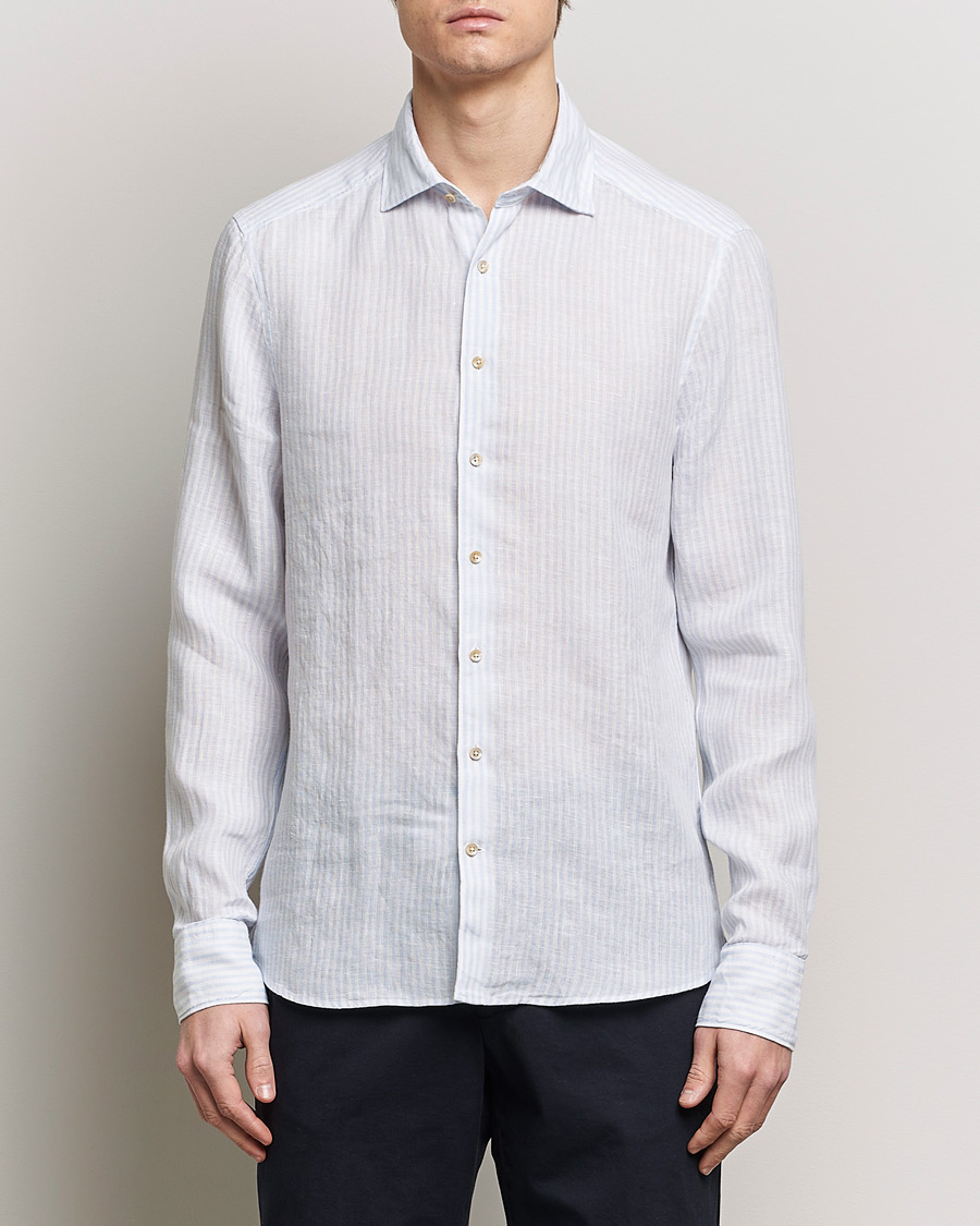 Uomini |  | Stenströms | Slimline Cut Away Striped Linen Shirt Light Blue