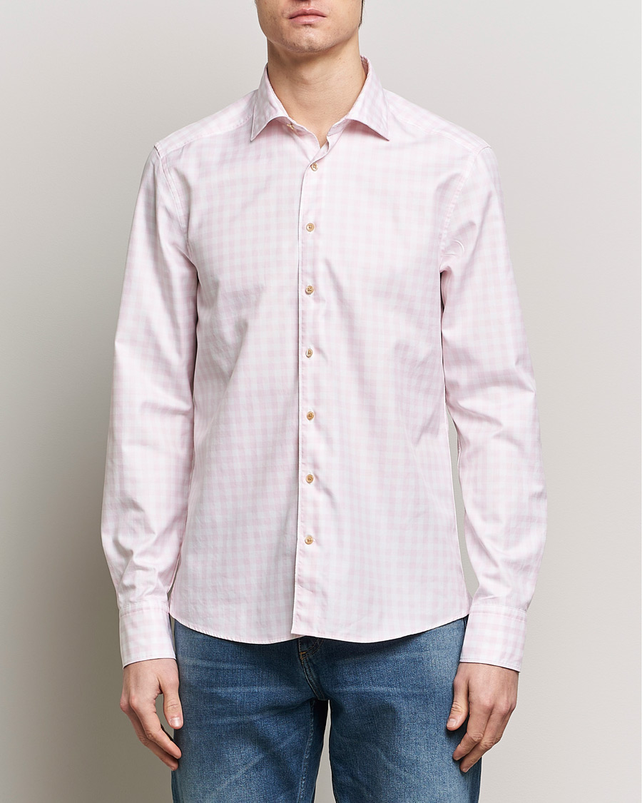 Uomini |  | Stenströms | Slimline Checked Washed Cotton Shirt Pink