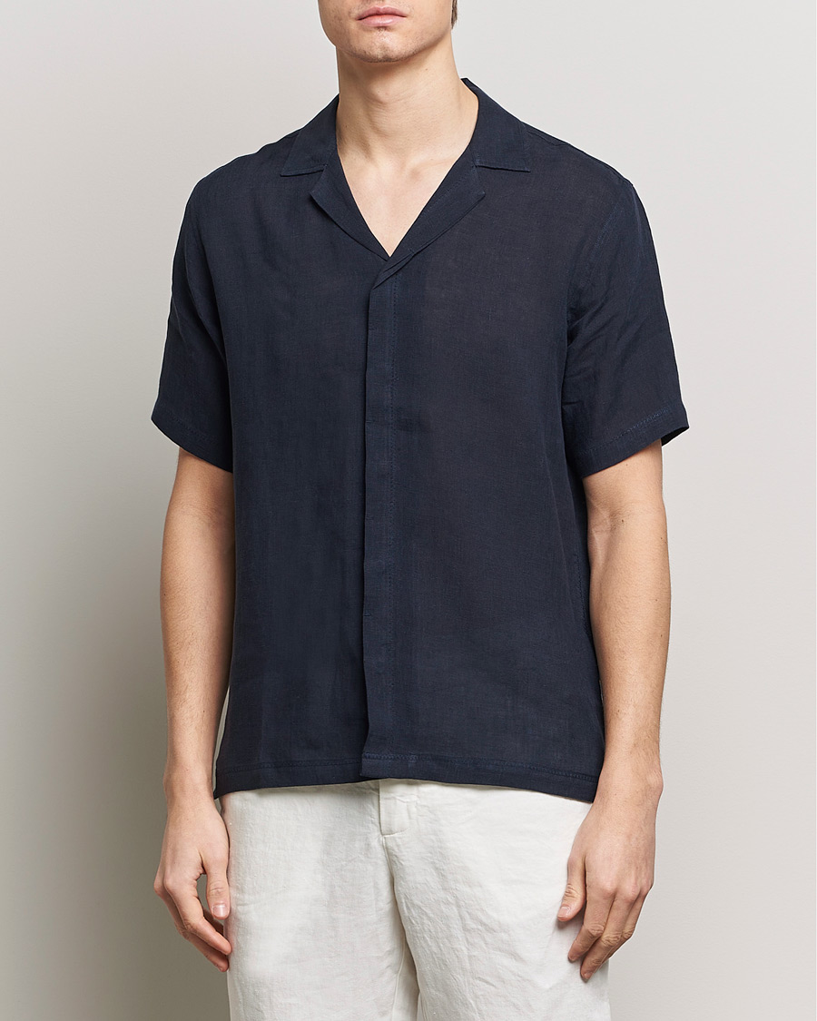 Uomini | Best of British | Orlebar Brown | Maitan Short Sleeve Linen Shirt Night Iris