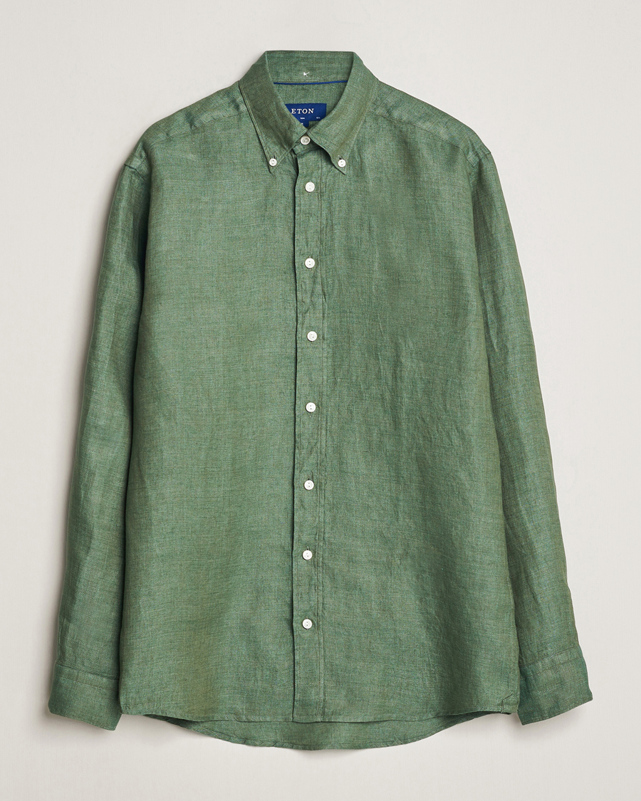 Uomini | Camicie | Eton | Slim Fit Linen Button Down Shirt Dark Green