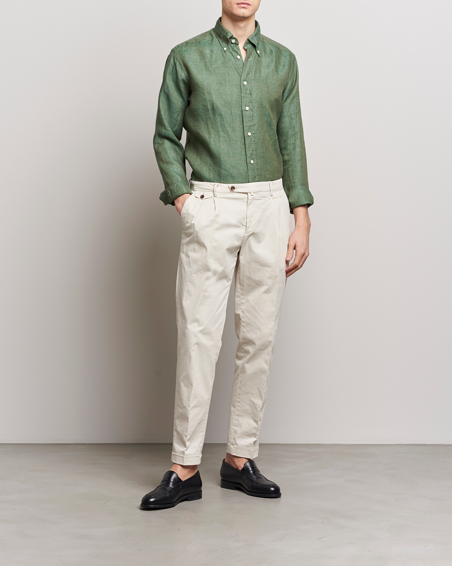 Uomini | Camicie | Eton | Slim Fit Linen Button Down Shirt Dark Green