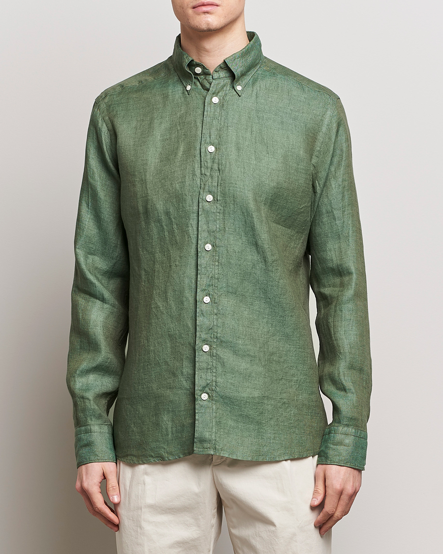 Uomini | Camicie | Eton | Slim Fit Linen Button Down Shirt Dark Green