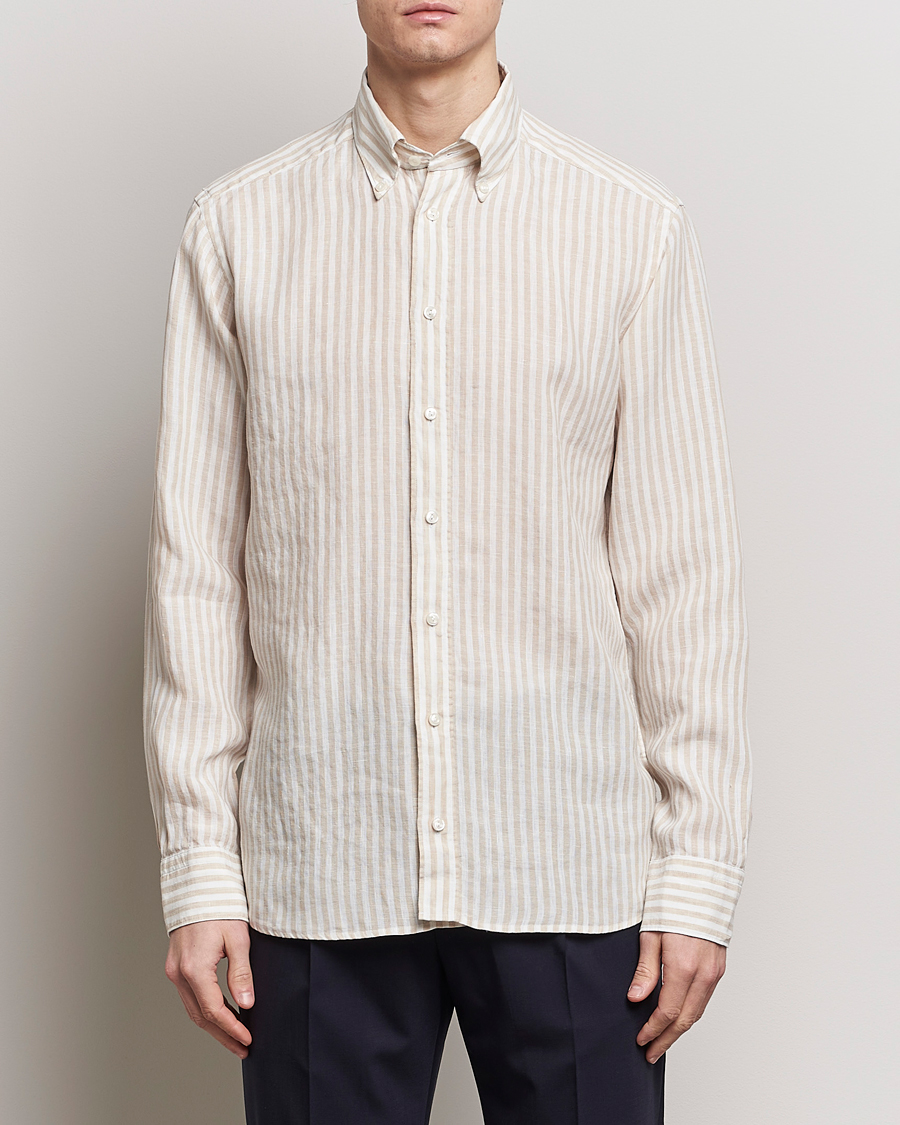 Uomini | Eton | Eton | Slim Fit Striped Linen Shirt Beige/White