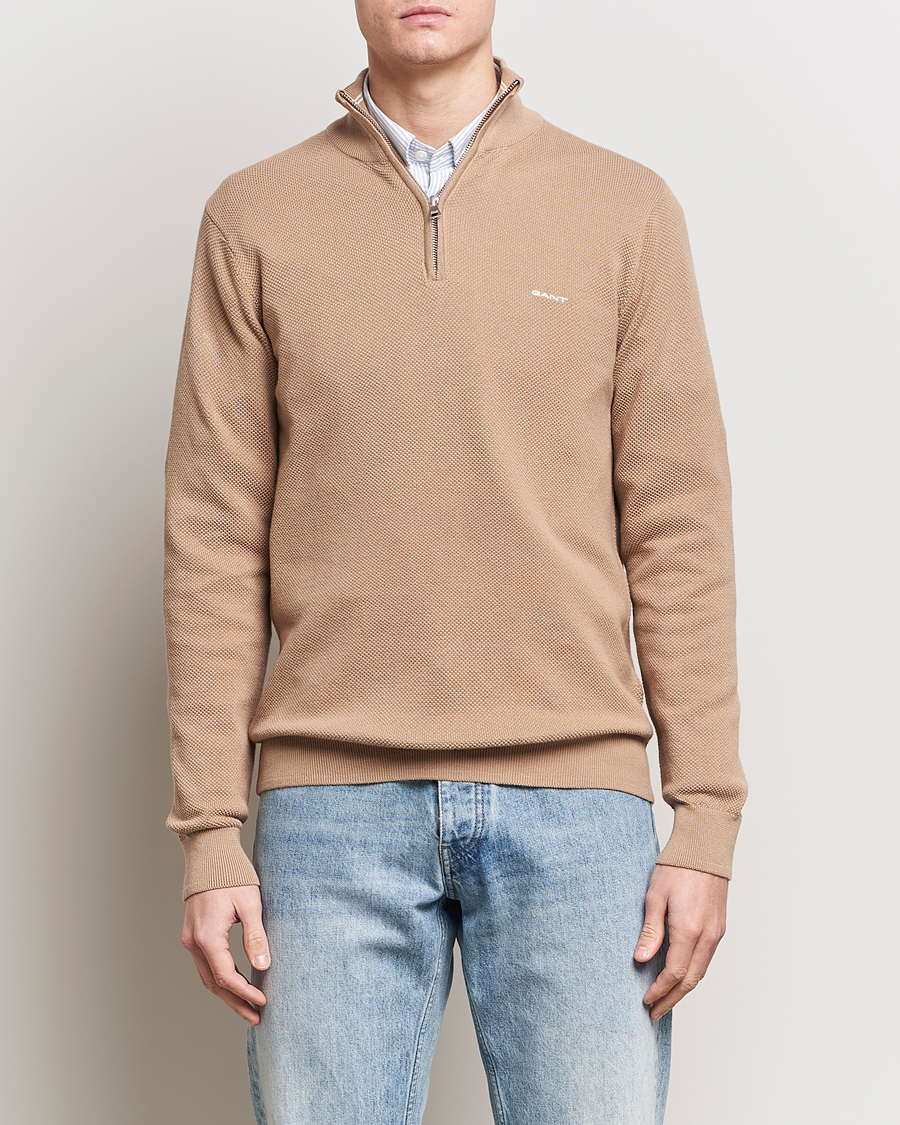 Uomini |  | GANT | Cotton Pique Half-Zip Sweater Dark Khaki