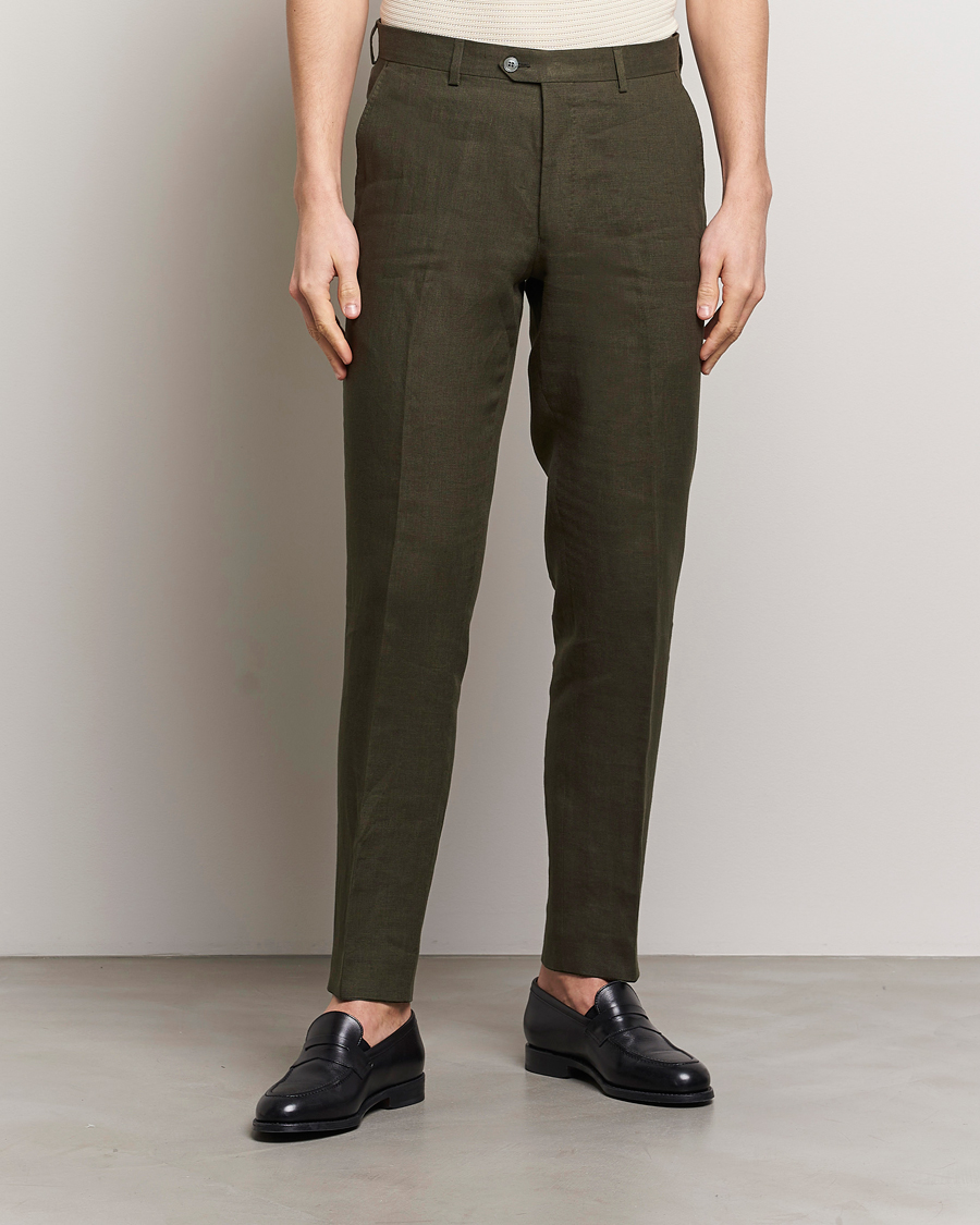 Uomini | Pantaloni di lino | Oscar Jacobson | Denz Linen Trousers Olive