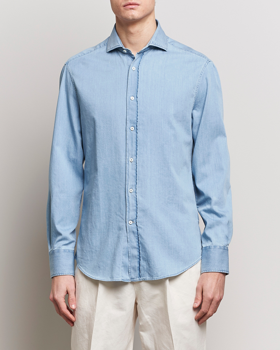 Uomini | Quiet Luxury | Brunello Cucinelli | Slim Fit Denim Shirt Light Indigo