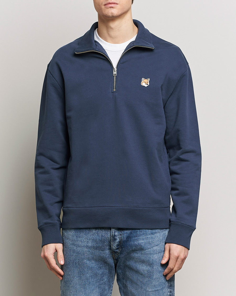 Uomini | Maison Kitsuné | Maison Kitsuné | Fox Head Half Zip Sweatshirt Ink Blue