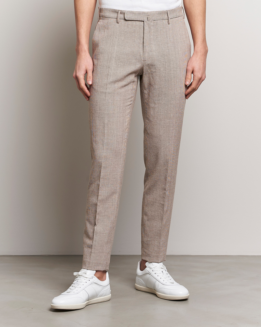 Uomini | Italian Department | Incotex | Slim Fit Cotton/Linen Micro Houndstooth Trousers Beige