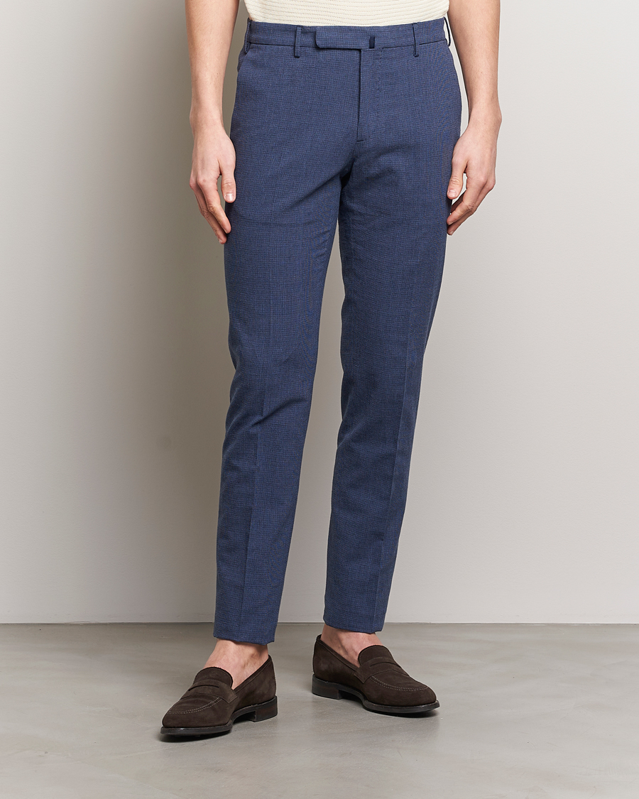 Uomini | Pantaloni di lino | Incotex | Slim Fit Cotton/Linen Micro Houndstooth Trousers Dark Blue