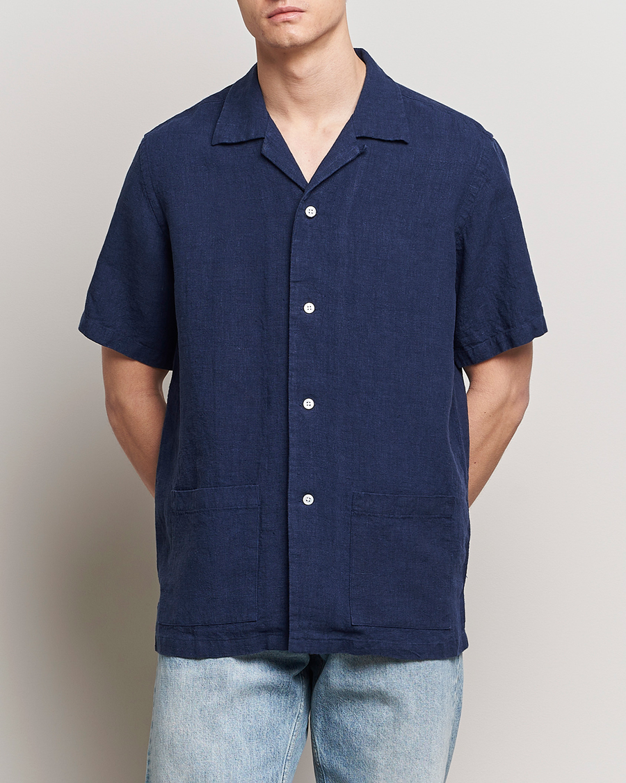 Uomini | Camicie | Kamakura Shirts | Vintage Ivy Heavy Linen Beach Shirt Navy