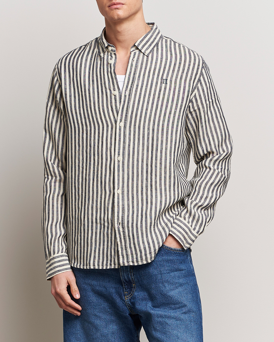 Uomini |  | LES DEUX | Kristian Striped Linen Button Down Shirt Ivory/Navy