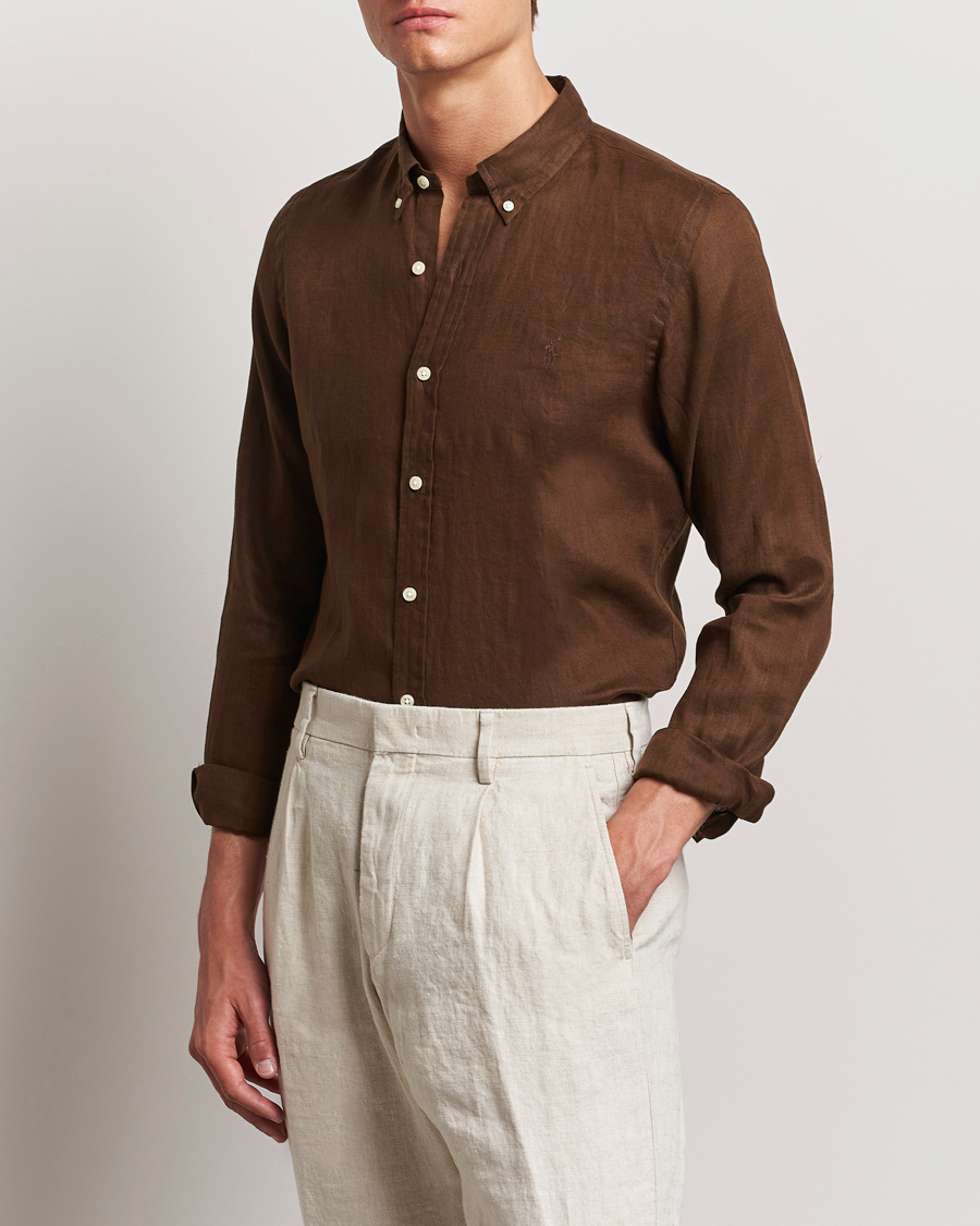 Uomini | Camicie | Polo Ralph Lauren | Slim Fit Linen Button Down Shirt Chocolate Mousse