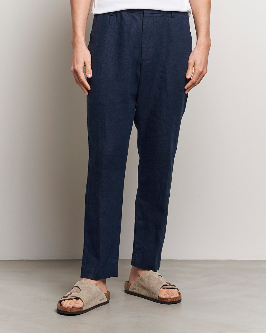 Uomini | Pantaloni | NN07 | Billie Linen Drawstring Trousers Navy Blue