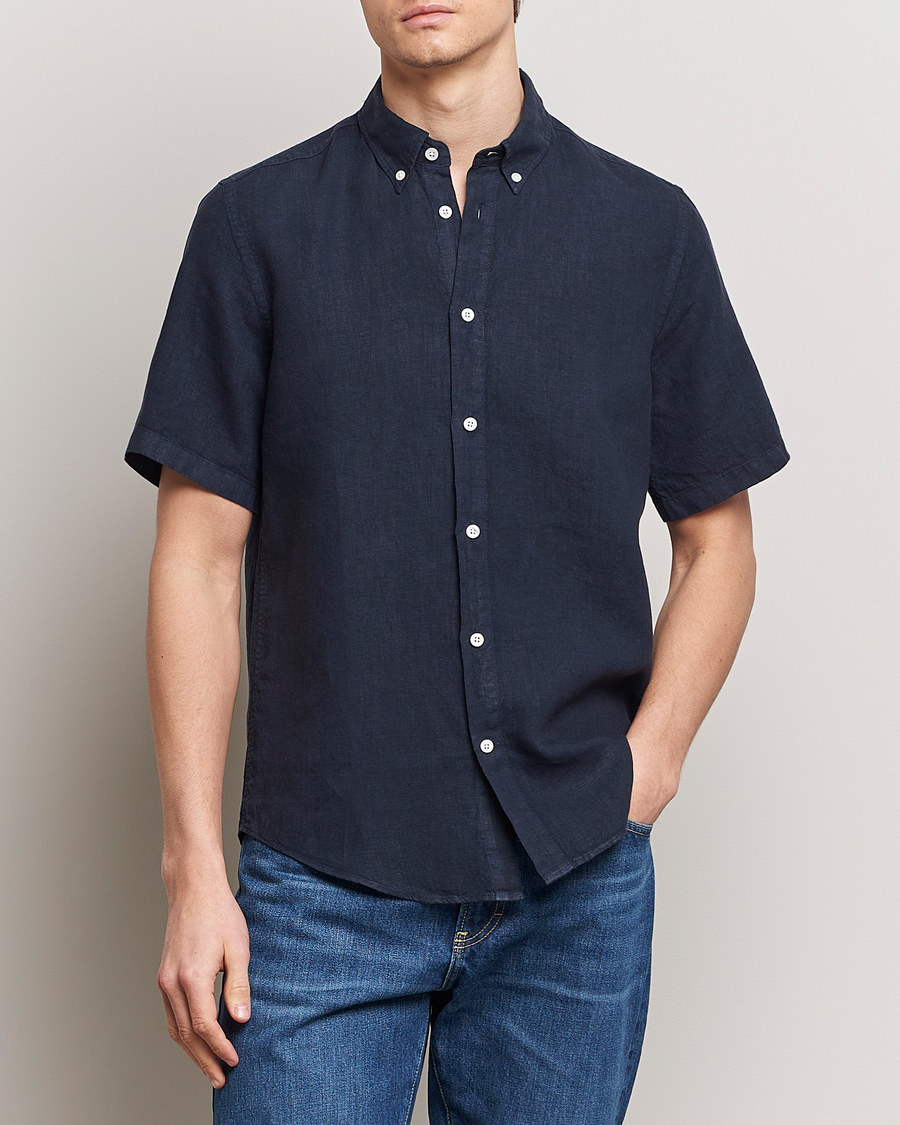 Uomini | NN07 | NN07 | Arne Linen Short Sleeve Shirt Navy Blue