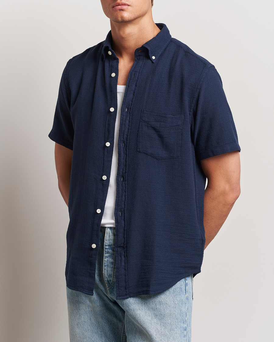 Uomini |  | GANT | Cotton/Linen Texture Short Sleeve Shirt Evening Blue