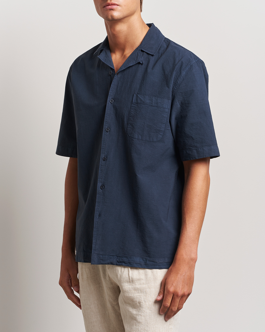 Uomini | Best of British | Sunspel | Lightweight Seersucker Shirt Navy