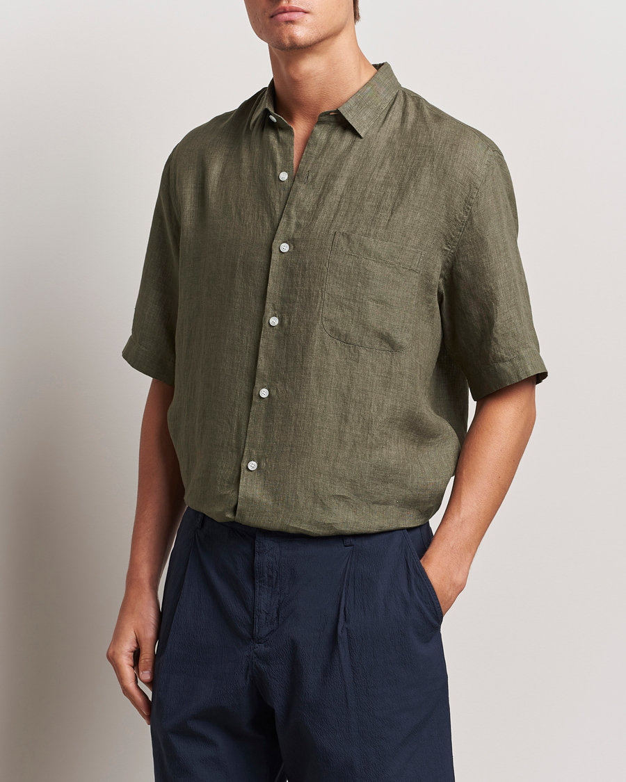 Uomini |  | Sunspel | Short Sleeved Linen Shirt Khaki