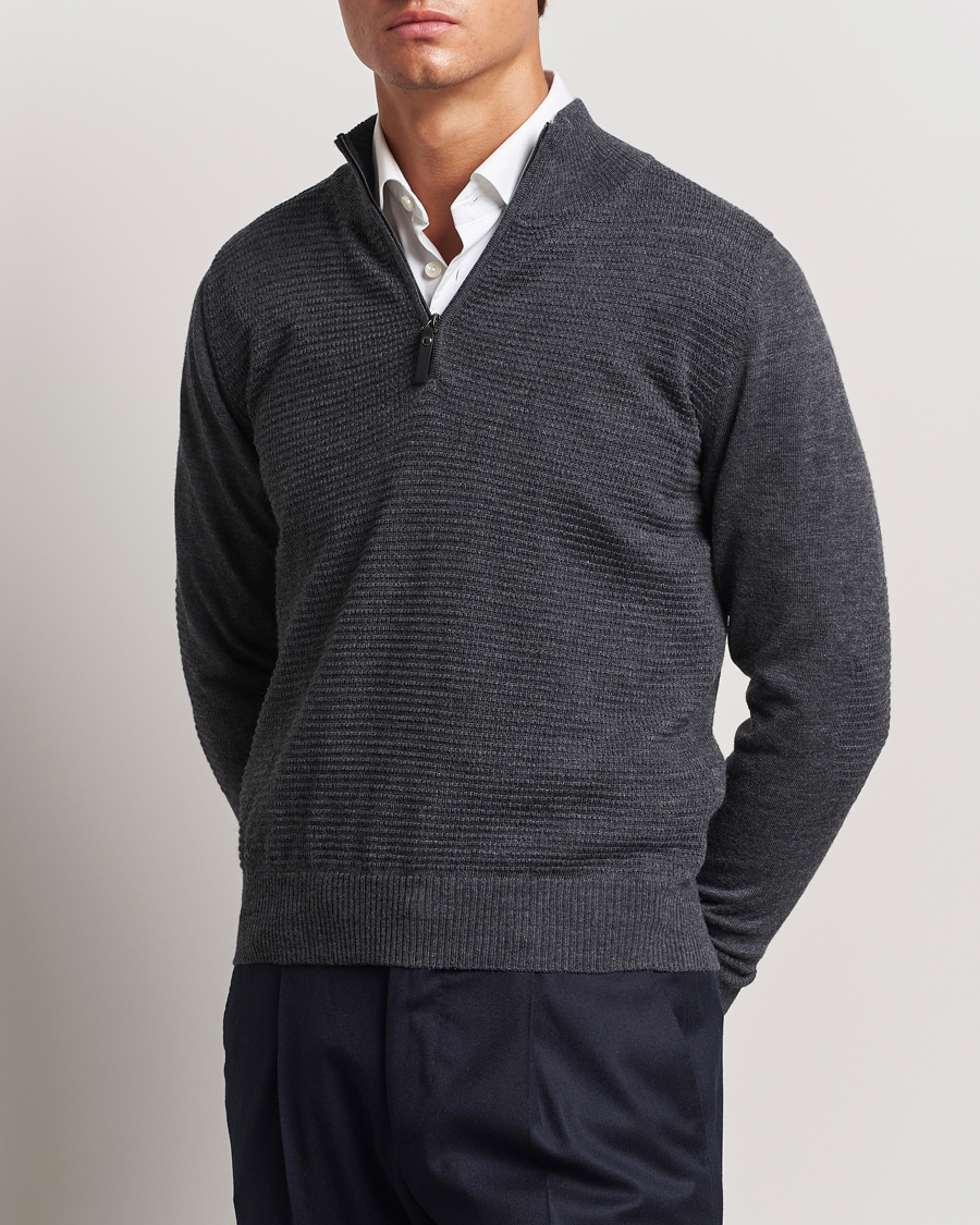 Uomini | Maglieria | Canali | Textured Knit Half Zip Charcoal