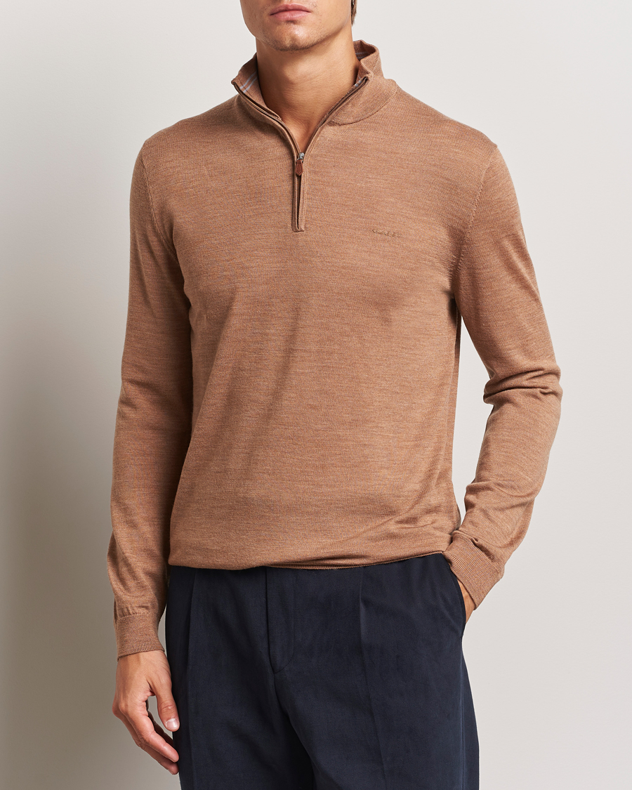 Uomini | Maglieria | GANT | Extrafine Merino Wool Half Zip Dk Sand Melange