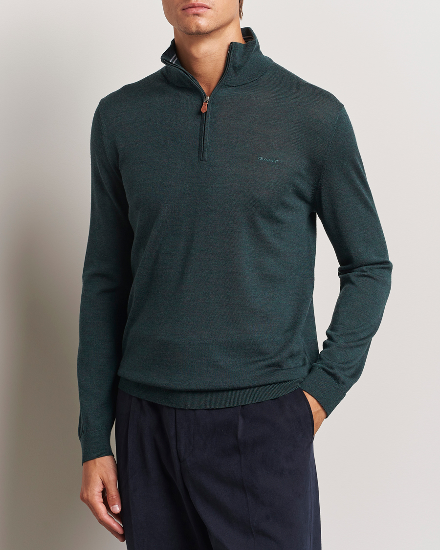 Uomini | GANT | GANT | Extrafine Merino Wool Half Zip Tartan Green