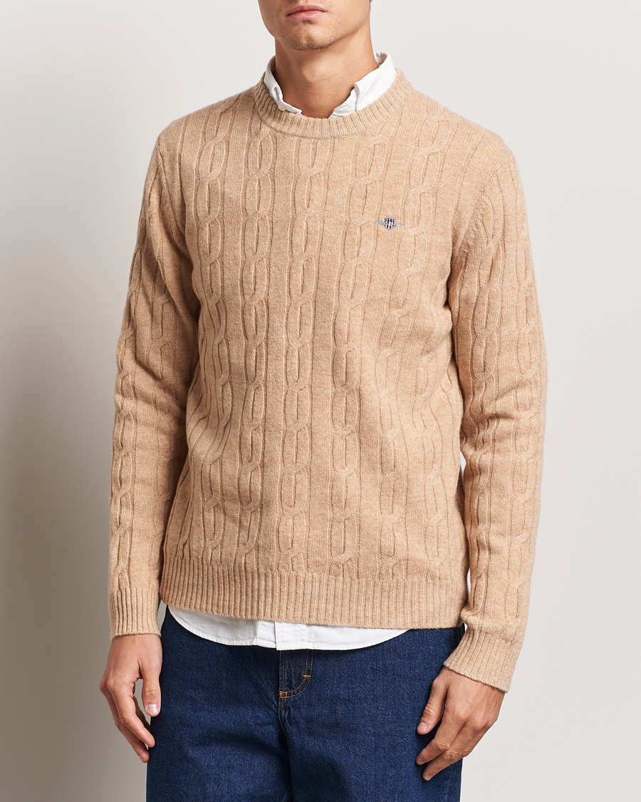 Uomini | GANT | GANT | Lambswool Cable C-Neck Khaki Melange