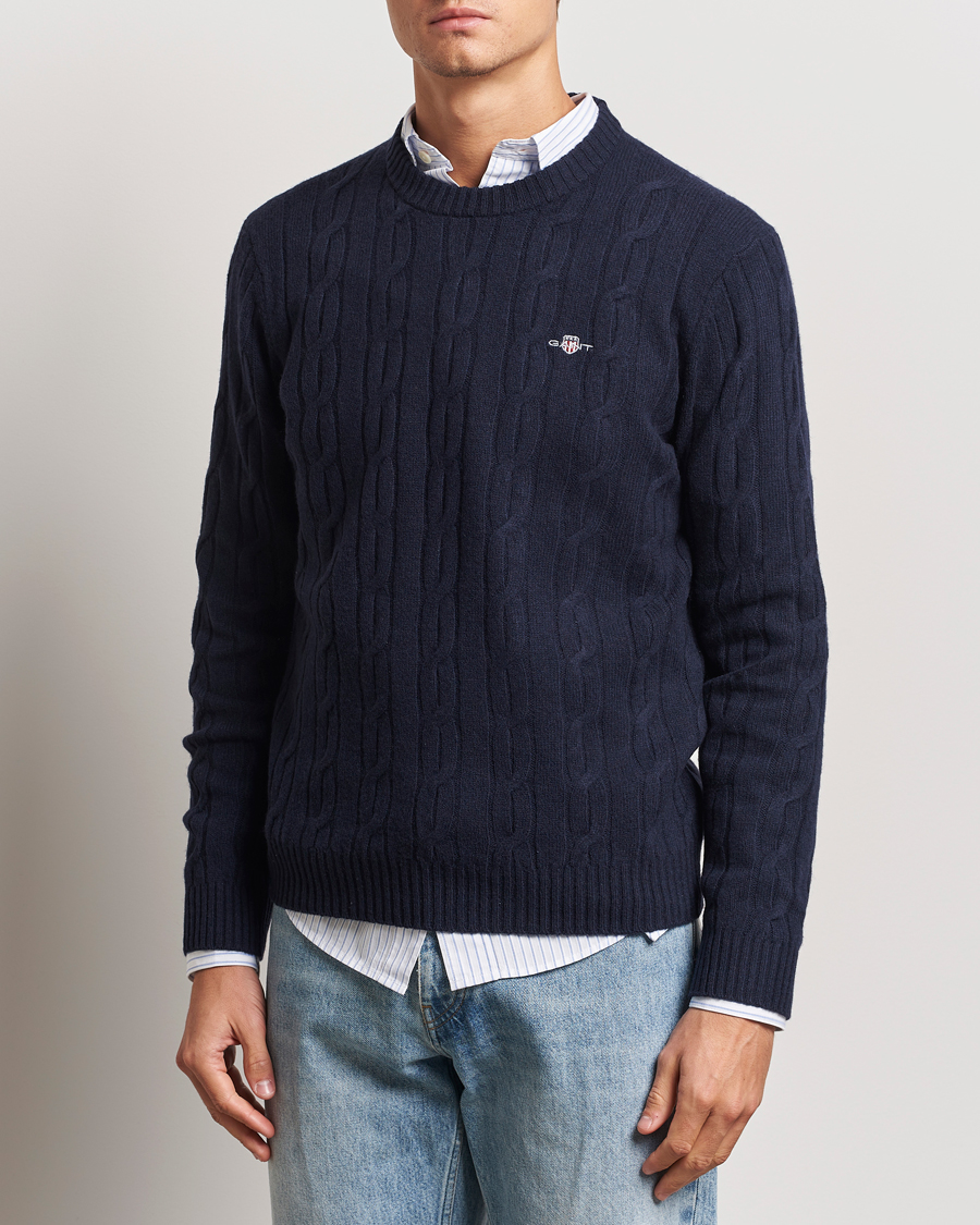 Uomini | GANT | GANT | Lambswool Cable C-Neck Evening Blue