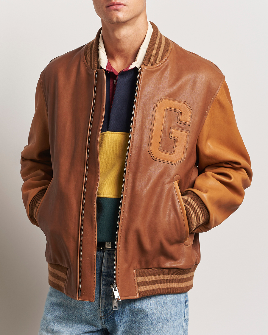 Uomini | GANT | GANT | Leather Varsity Jacket Brown Sugar