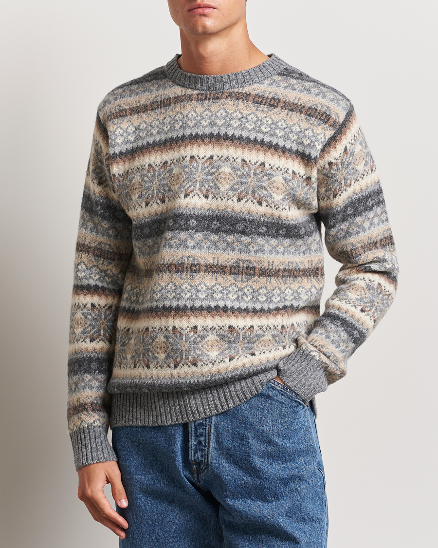 Uomini | Harley Of Scotland | Harley Of Scotland | Supersoft Lambswool Fairisle Crewneck Grey