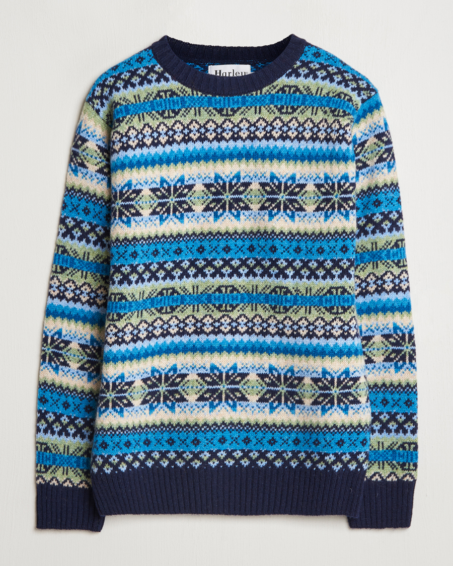 Uomini | Maglieria | Harley Of Scotland | Supersoft Lambswool Fairisle Crewneck Navy