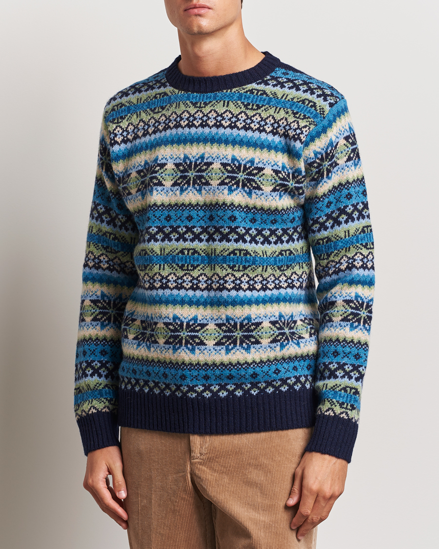 Uomini | Maglieria | Harley Of Scotland | Supersoft Lambswool Fairisle Crewneck Navy