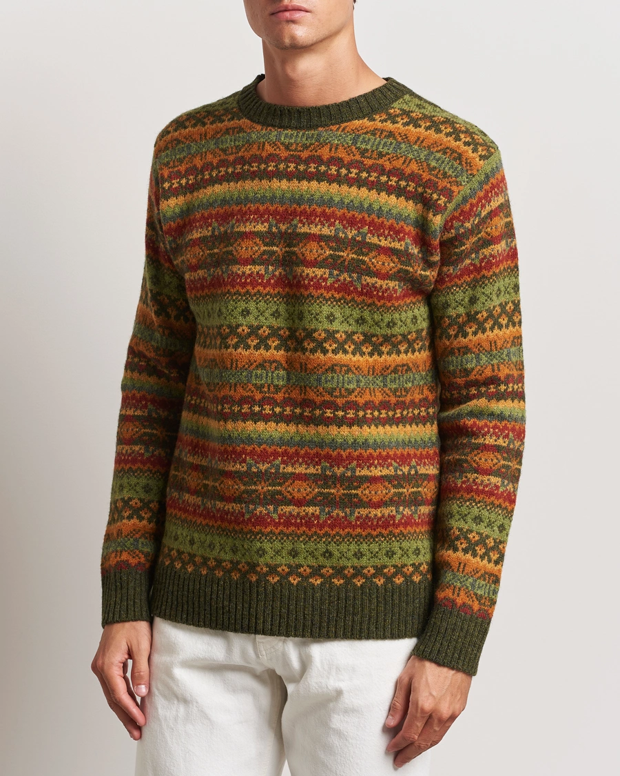 Uomini |  | Harley Of Scotland | Supersoft Lambswool Fairisle Crewneck Green