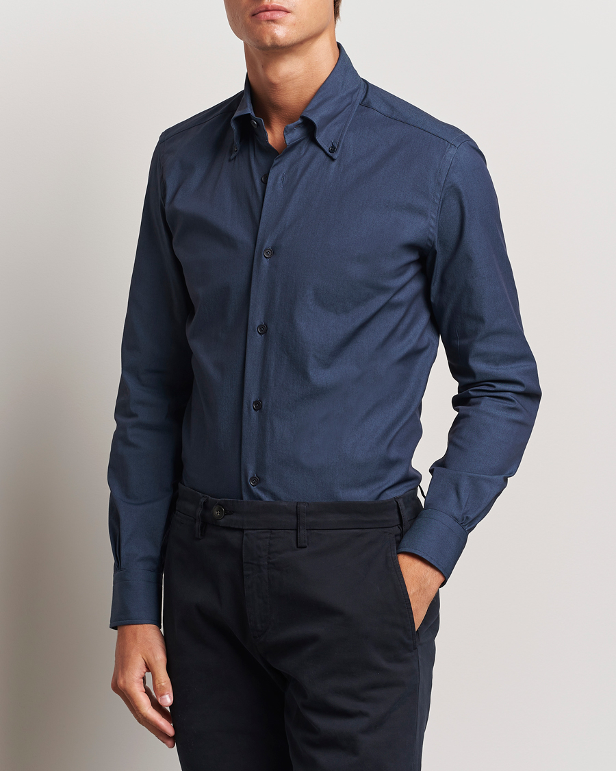 Uomini | Casual | Mazzarelli | Soft Garment Dyed Button Down Shirt Navy