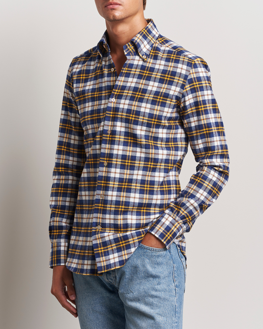 Uomini | Camicie casual | Mazzarelli | Soft Flannel Check Button Down Shirt Blue/White